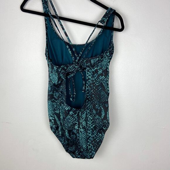 All in Motion Tie Back One Piece Swimsuit Teal Snake Printed Green Blue Medium - Picture 6 of 10